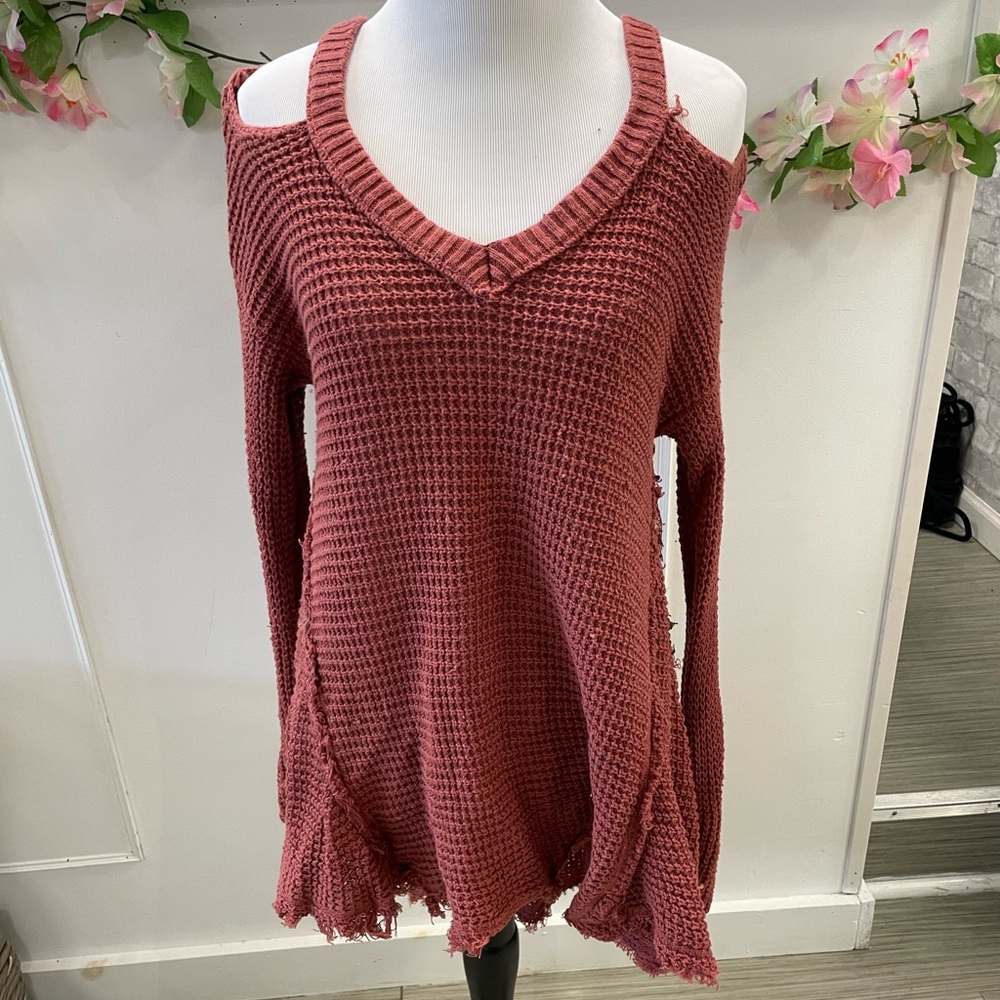 Elan Waffle Knit Cold Shoulder Sweater